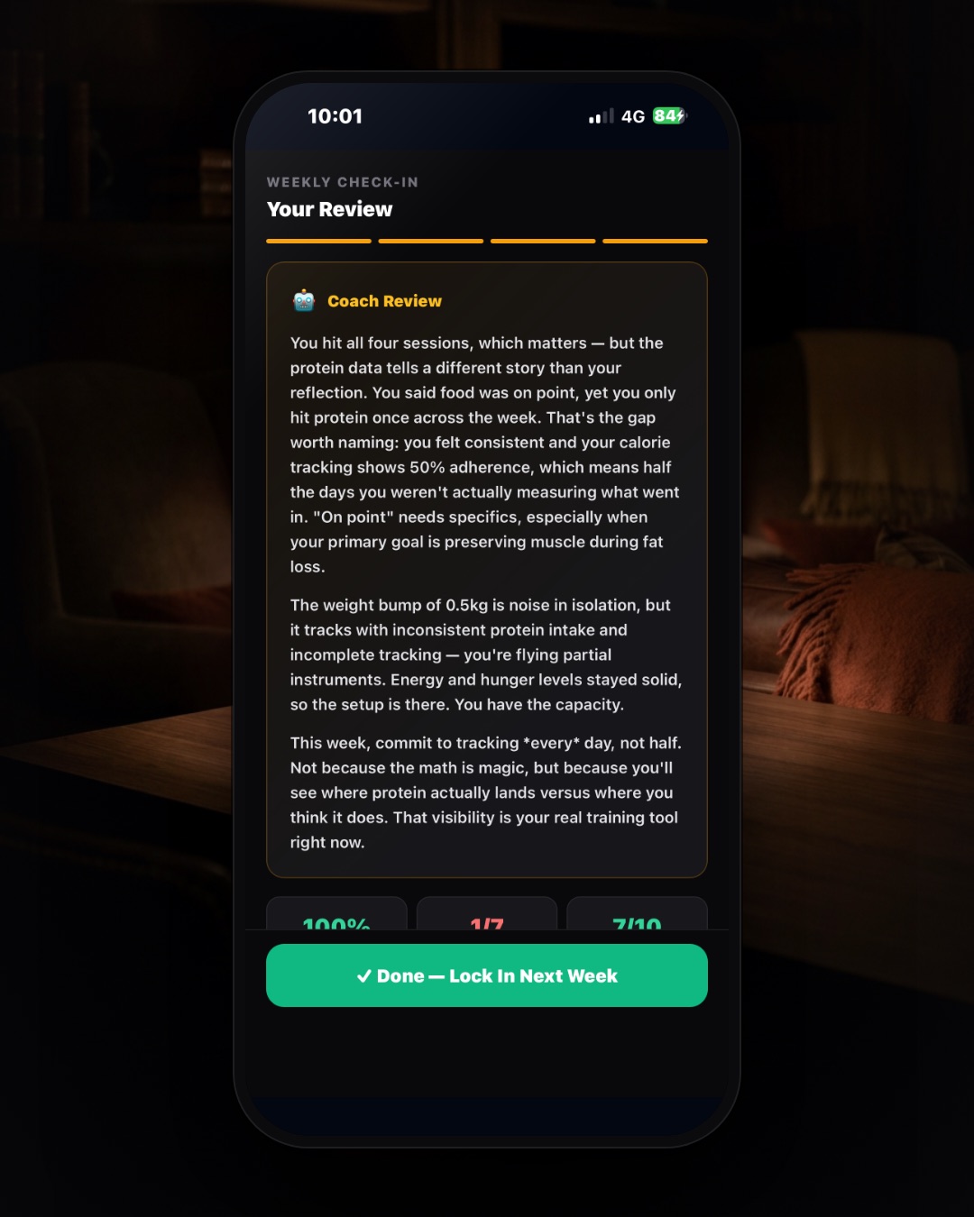 Coachly weekly review — the coach reads your week and locks in the next one