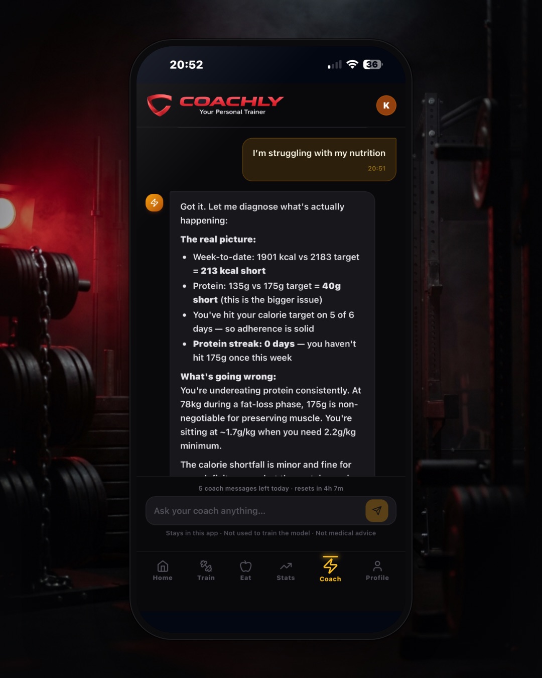 The Coachly AI coach answering a training question in plain language