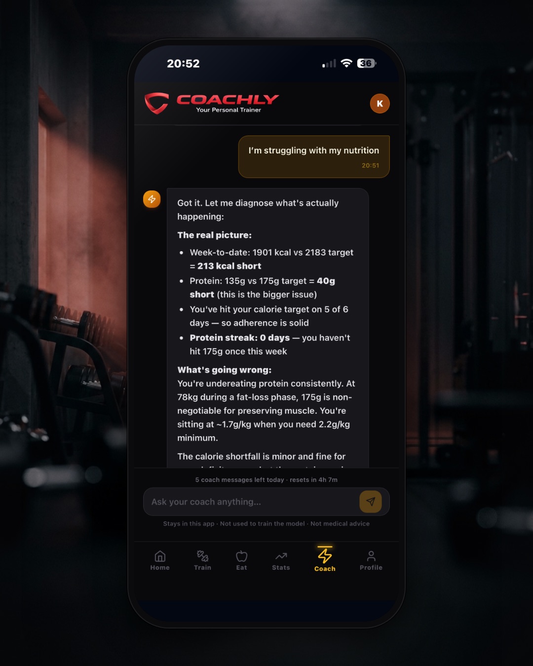 The Coachly AI coach diagnosing a user's nutrition in a real chat