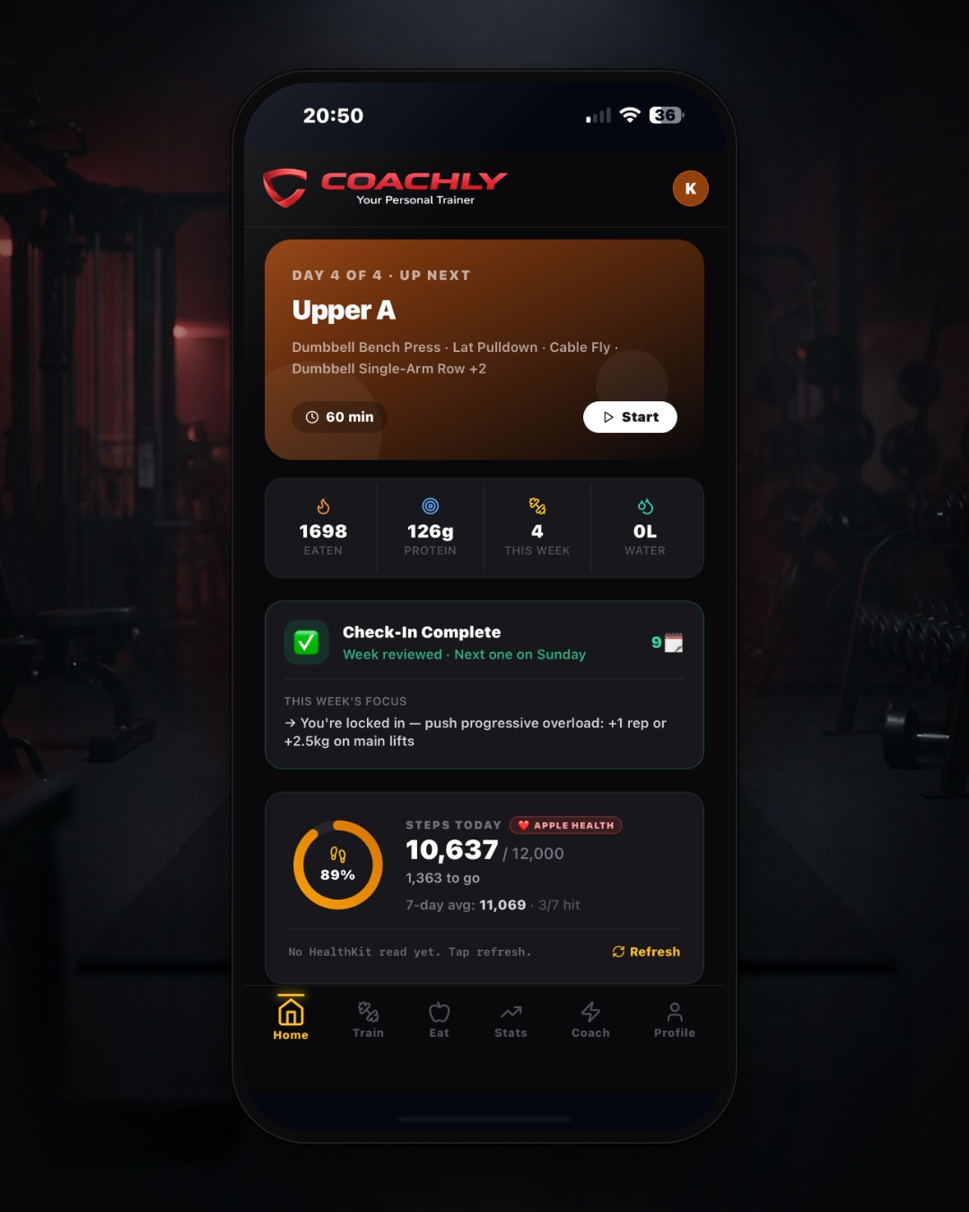 Coachly home — today's session, targets, and this week's focus