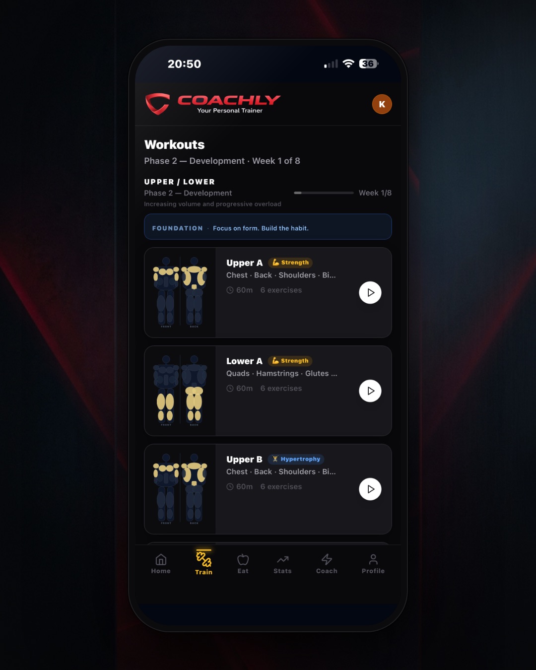 Coachly phases — structured 8-week mesocycles, not random workouts