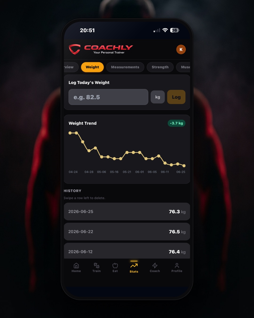 Coachly progress — seven-day weight trend, not daily noise
