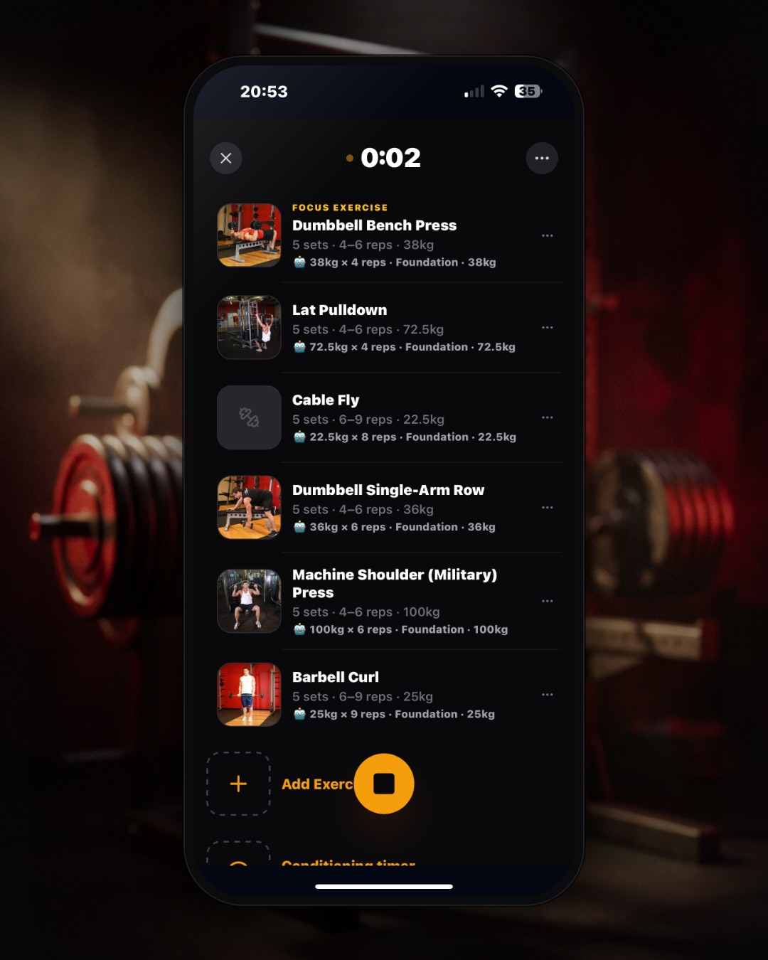 Coachly active workout — next weight and reps set for every exercise