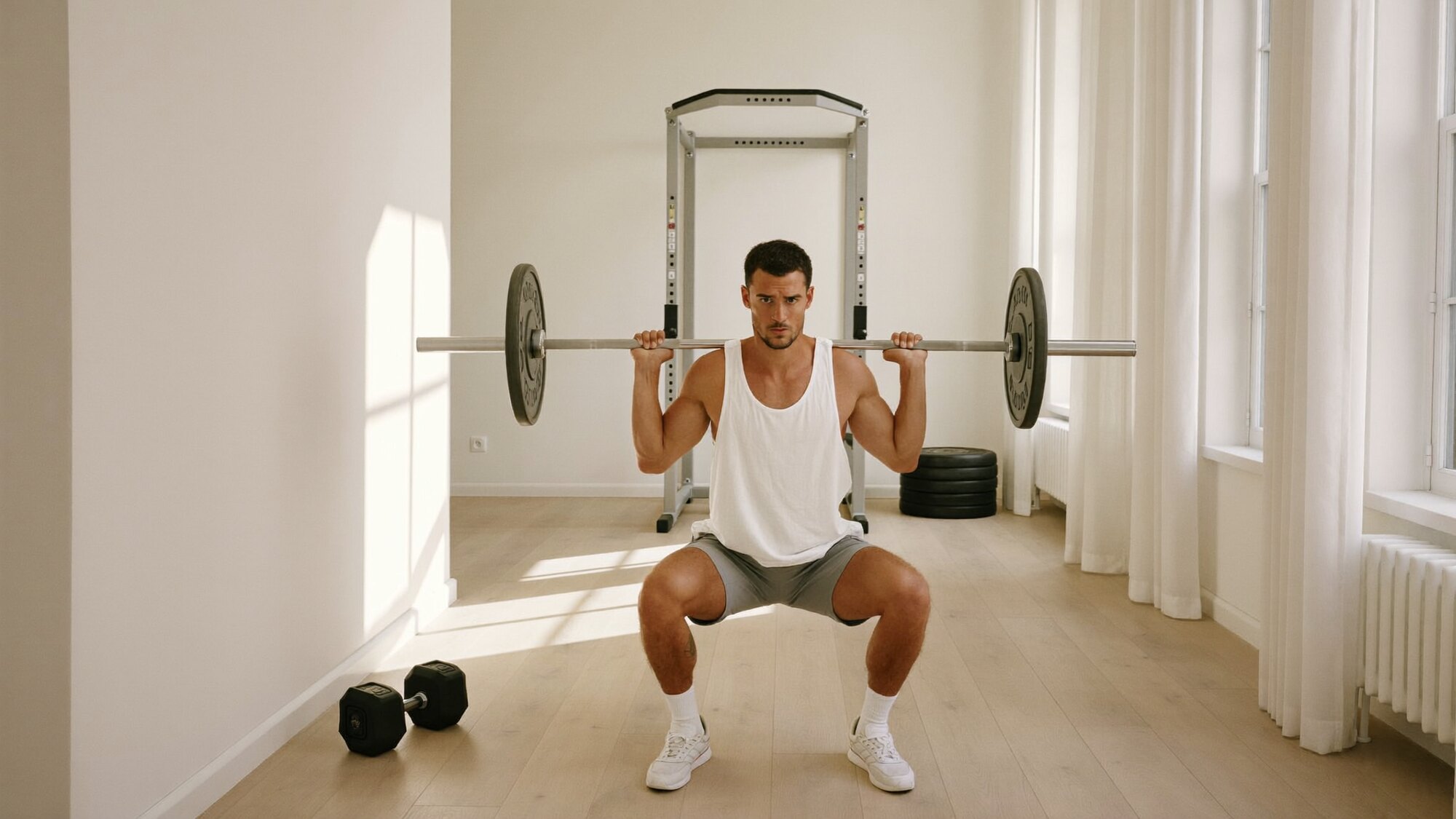 A lifter mid barbell squat in a bright home gym