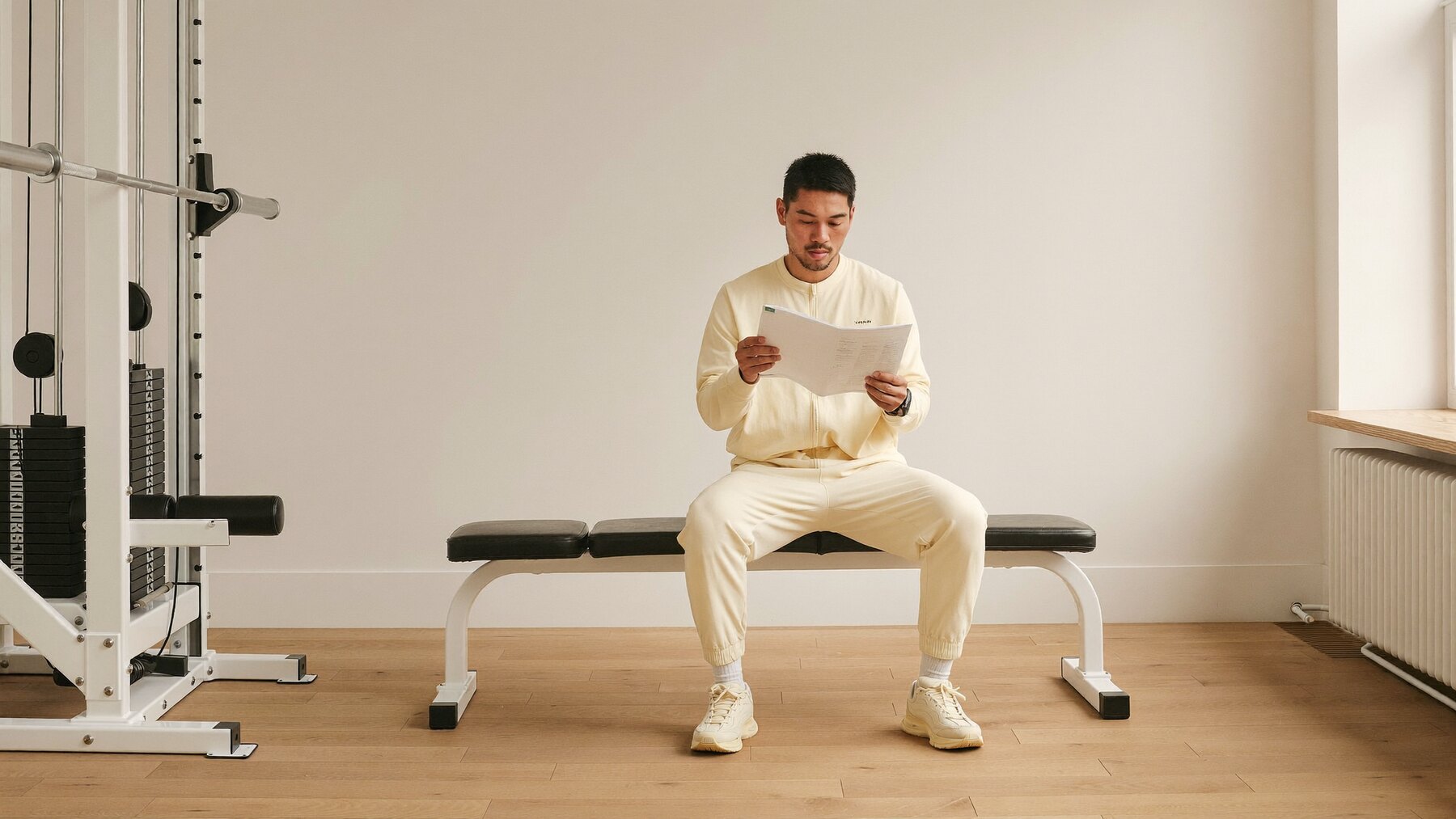 A lifter reading their training plan between sets