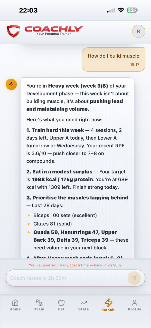 Coachly AI coach chat screen