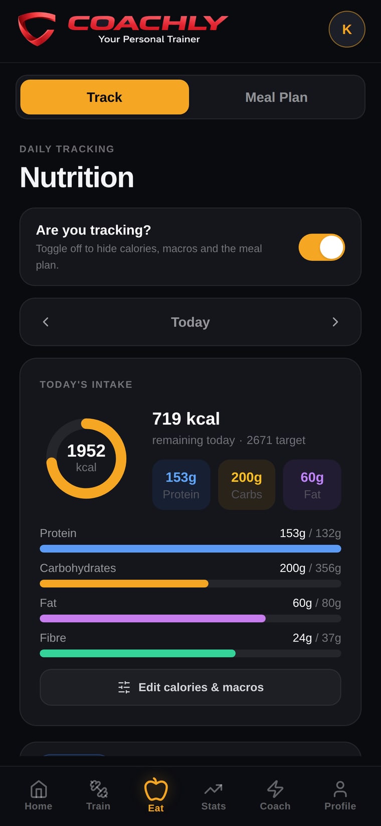 Coachly nutrition screen showing calories and macros