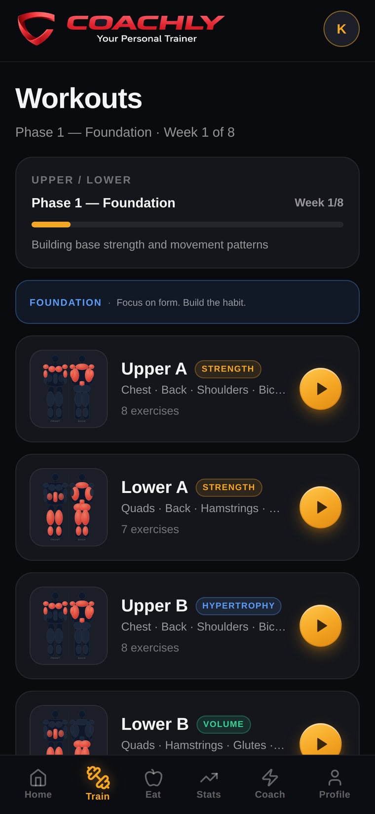 Coachly program screen showing the current training phase