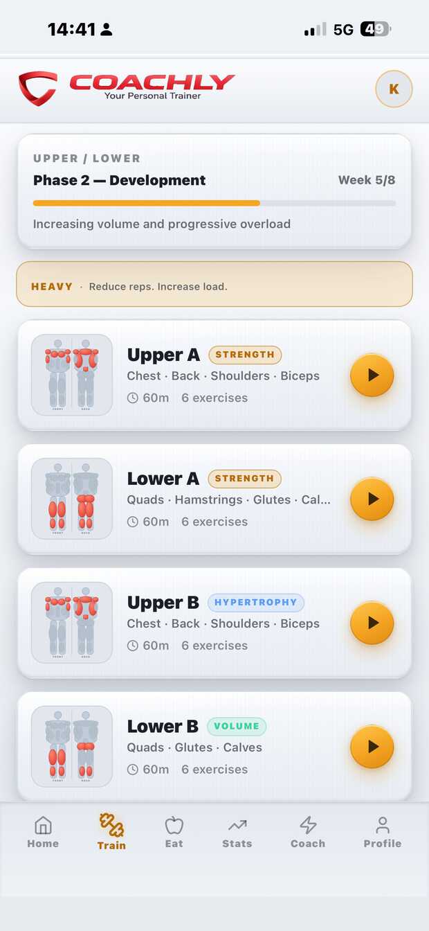 Coachly workout screen showing prescribed sets